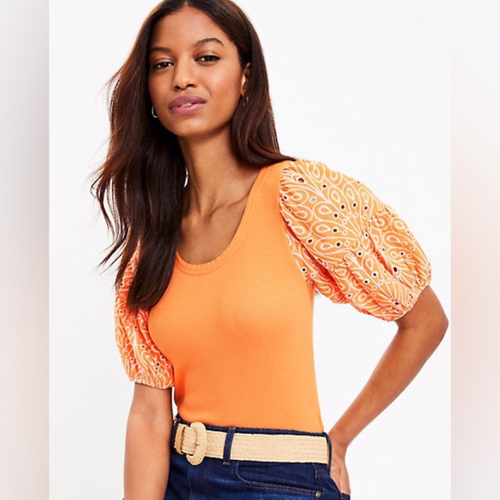 NWT LOFT Orange Blouse with Patterned Puff Sleeves